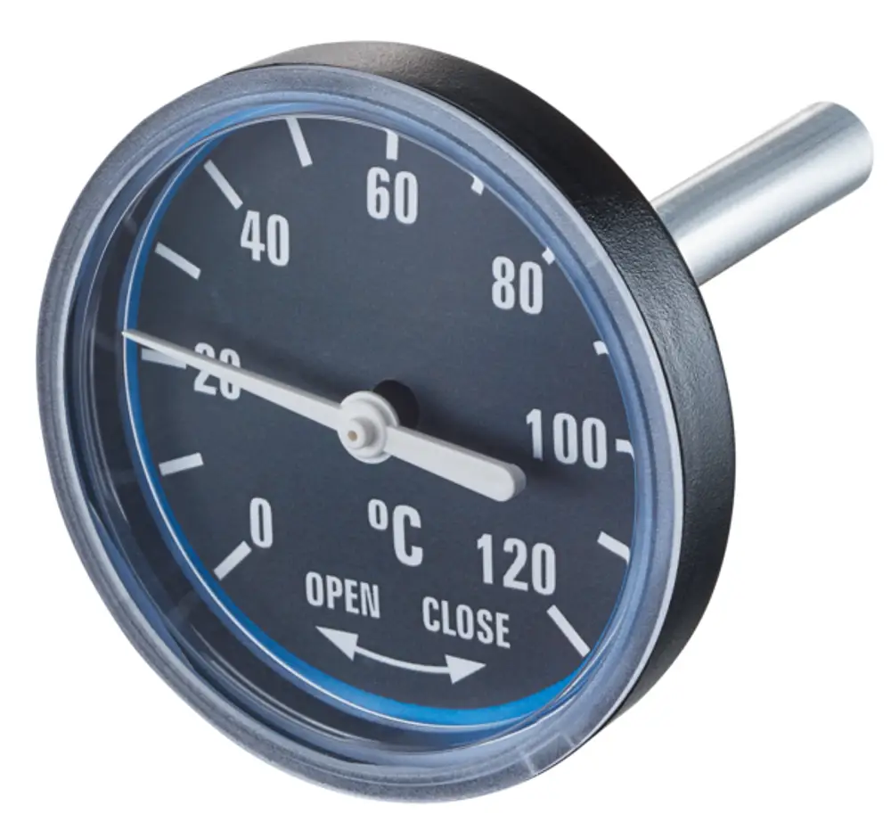 Thermometer von Oventrop mit einem Zifferblatt, das Temperaturwerte in Grad Celsius anzeigt. Die Skala reicht von 0 bis 120 °C und verfügt über Markierungen zum Öffnen und Schließen.